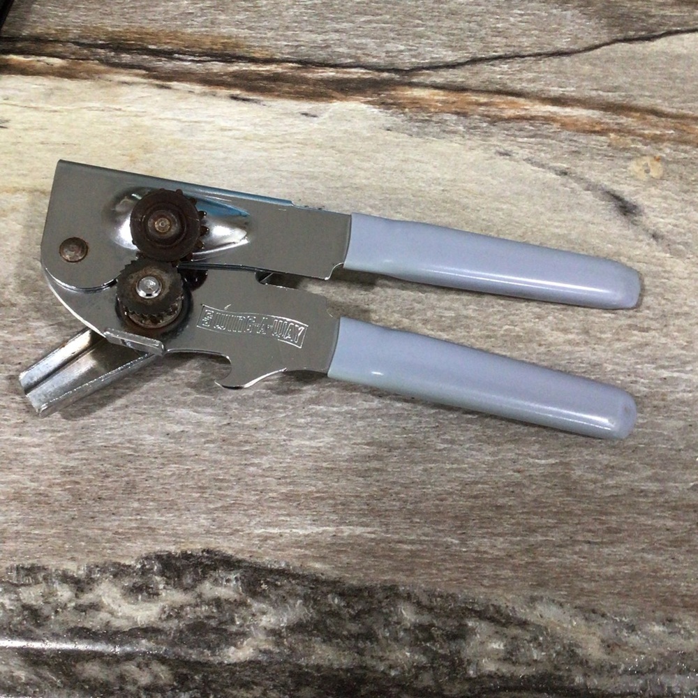 Vintage Swing-A-Way Manual Can Opener USA 7” Chrome Blue Handles